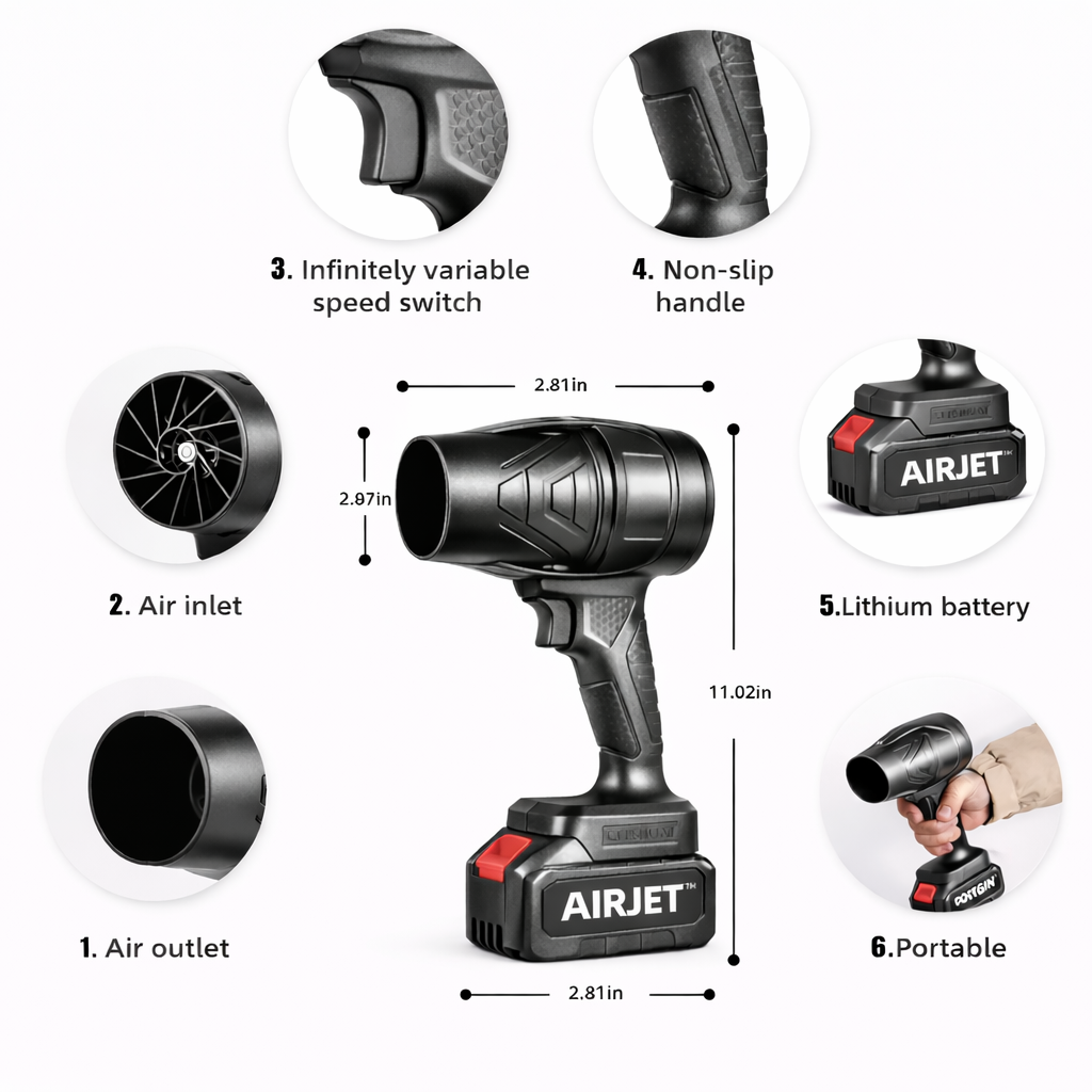 AIRJET™ 200000 RPM Rechargeable Cordless Jet Gun For Cleaning Cars, Homes & Outdoor Space